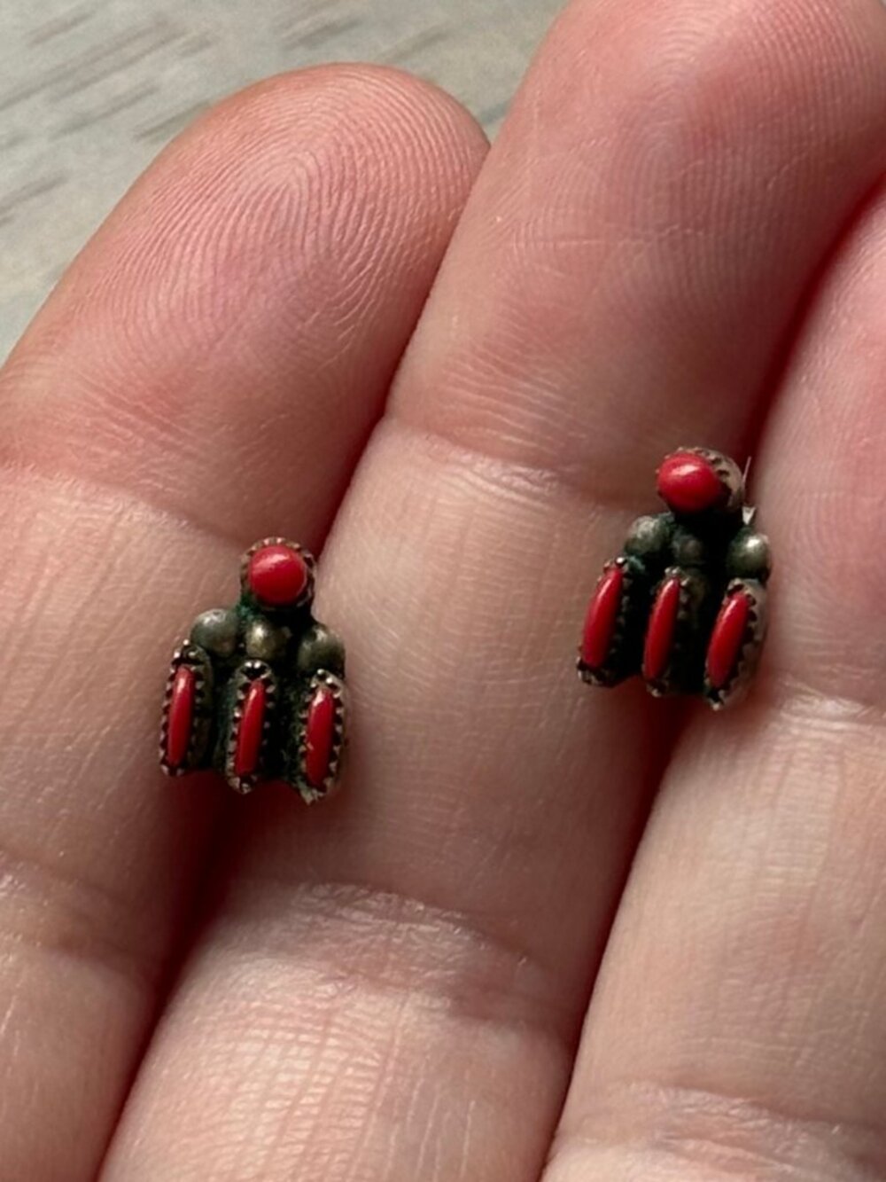 Vintage Zuni Red Coral and Sterling Silver Stud Earrings